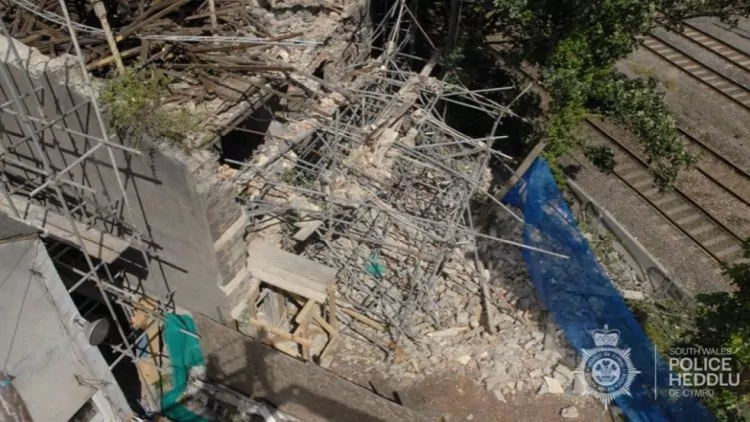 The collapsed wall of the church (Image: South Wales Police)